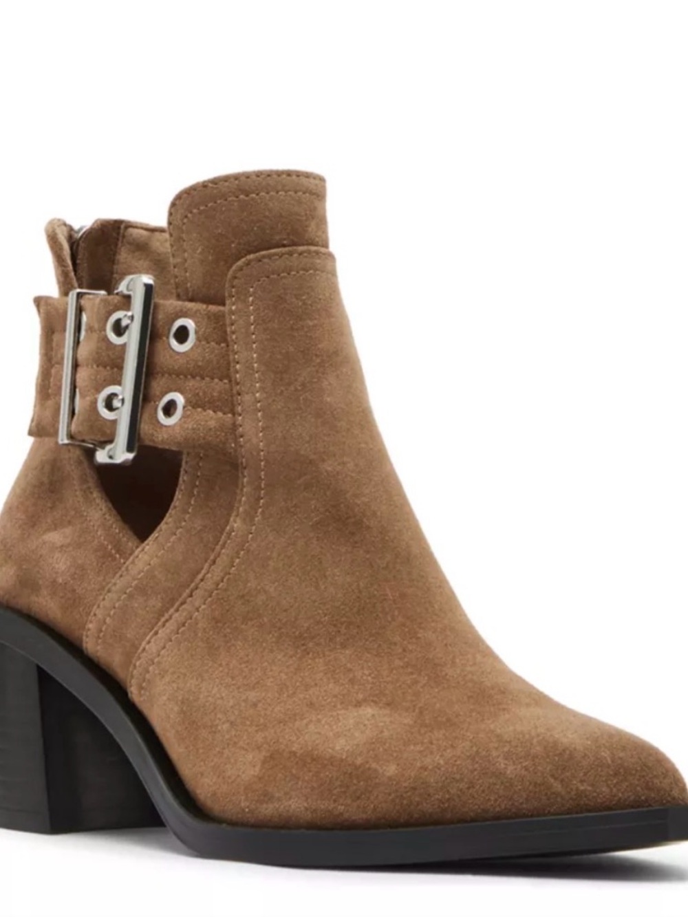 Steve Madden Tan Suede Cutout Ankle Boot with Buckle Accent